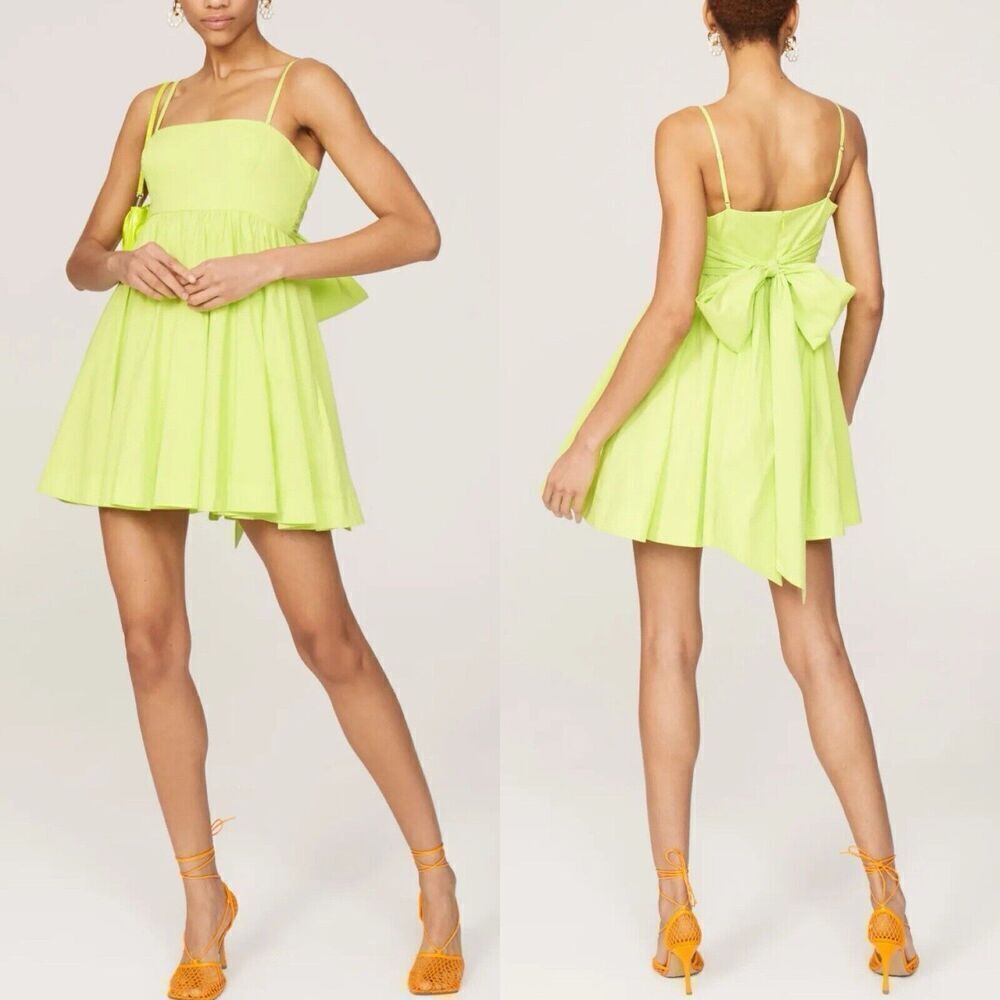 LIKELY Elisia Dress Women 2 Neon Green Empire Waist Mini Rear Bow Poplin